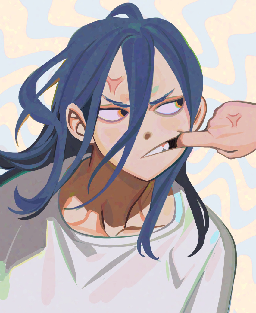 1boy, anger_vein, blue_background, blue_hair, crossed_bangs, double-parted_bangs, faux_traditional_media, hair_behind_ear