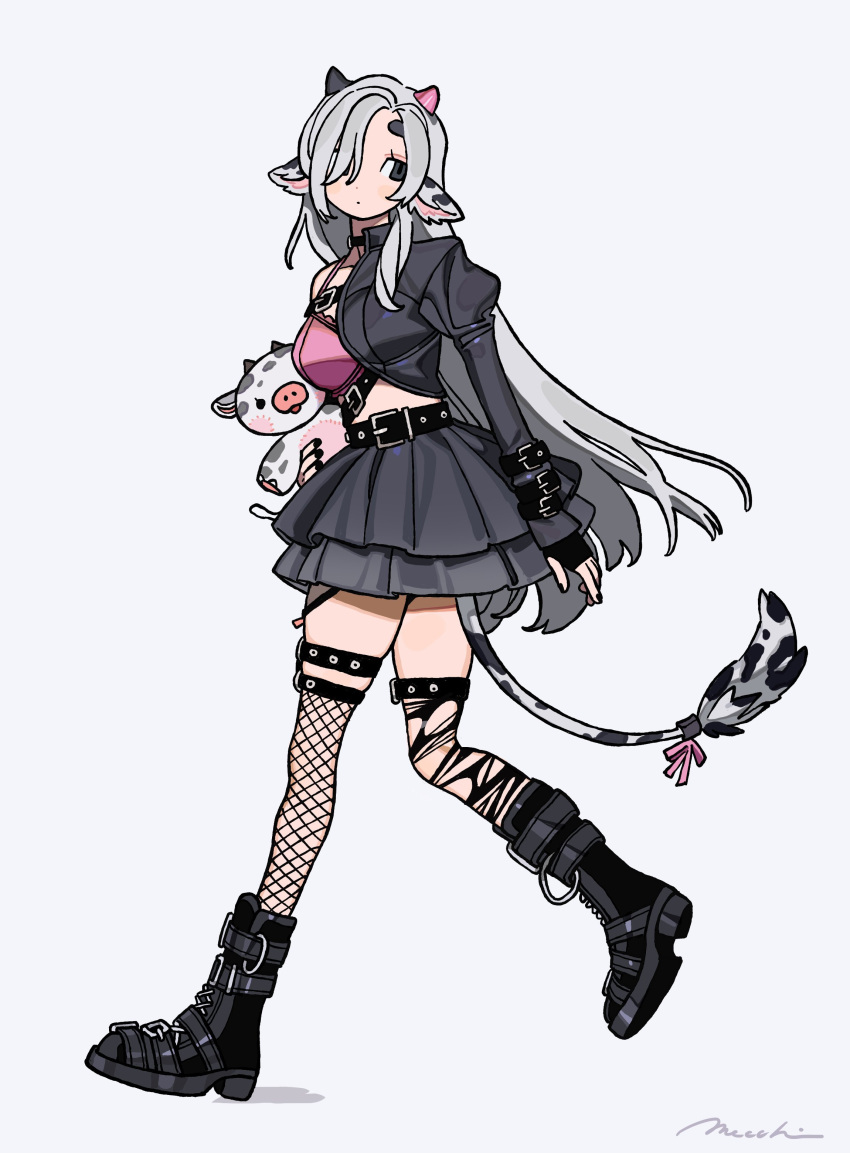 1girl, absurdres, animal_ears, ankle_boots, arm_at_side, asymmetrical_horns, asymmetrical_legwear, belt