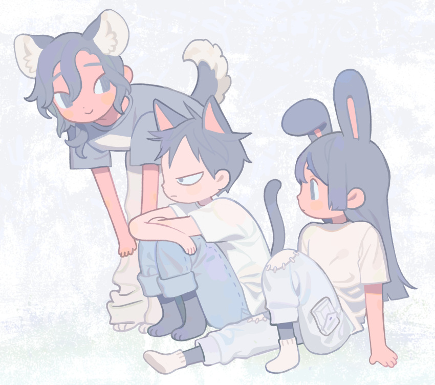 1boy, 2girls, :>, animal_ears, animal_feet, arm_rest, arms_on_knees, asymmetrical_sidelocks