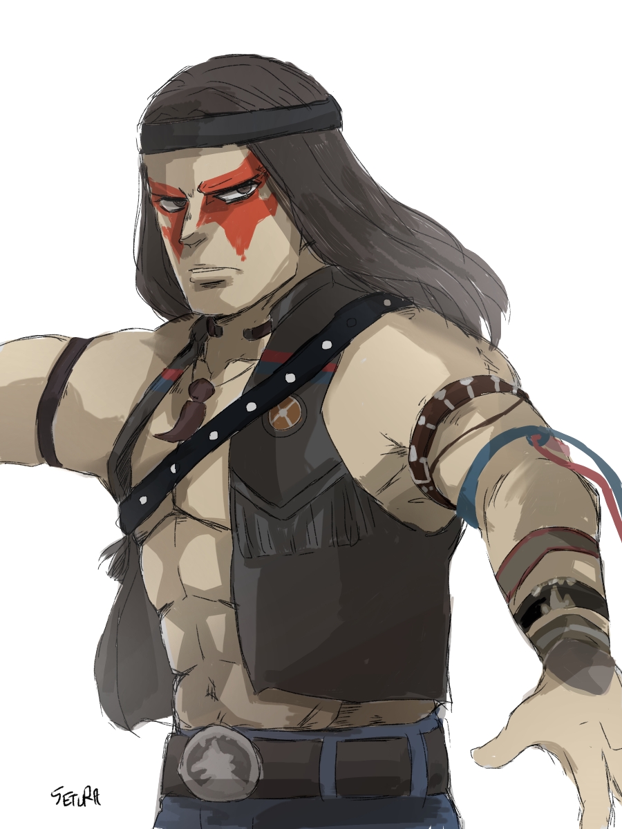 1boy, accessories, headband, jeans, long_hair, male, male_focus, mortal_kombat, mortal_kombat_11, mortal_kombat_deception, native_american, necklace, nightwolf, pixiv, setsura_(artist), tattoo, vest, white_background