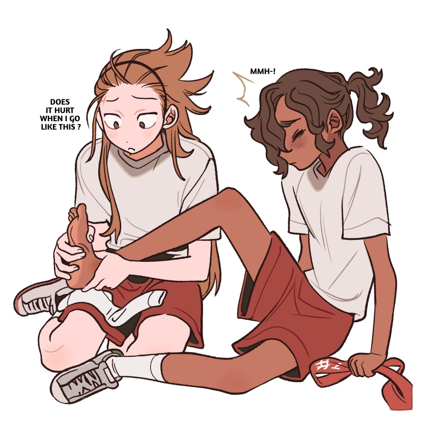 2boys, ahoge, androgynous, ankle_socks, arm_rest, arms_at_sides, barefoot, brown_eyes, brown_hair, closed_eyes, closed_mouth, curly_hair, dark-skinned_male, dark_skin, dot_nose, english_text, feet, foot_focus, foot_massage, forehead, friends, from_side, full_body, furrowed_brow, grey_footwear, grimace, hair_behind_ear, hair_over_one_eye, hair_over_shoulder, hair_pulled_back, hairband, hand_on_another's_foot, highres, holding, holding_ribbon, implied_yaoi, injury, knee_up, legs_apart, long_hair, looking_down, male_focus, memcchi, multiple_boys, original, parted_lips, ponytail, red_shorts, ribbon, sanpaku, shirt, shoes, short_ponytail, short_sleeves, shorts, simple_background, single_barefoot, single_shoe, single_sock, sitting, socks, soles, spiky_hair, sprain, thick_eyebrows, toes, two-handed, unworn_socks, very_long_hair, white_background, white_shirt, white_socks, yokozuwari
