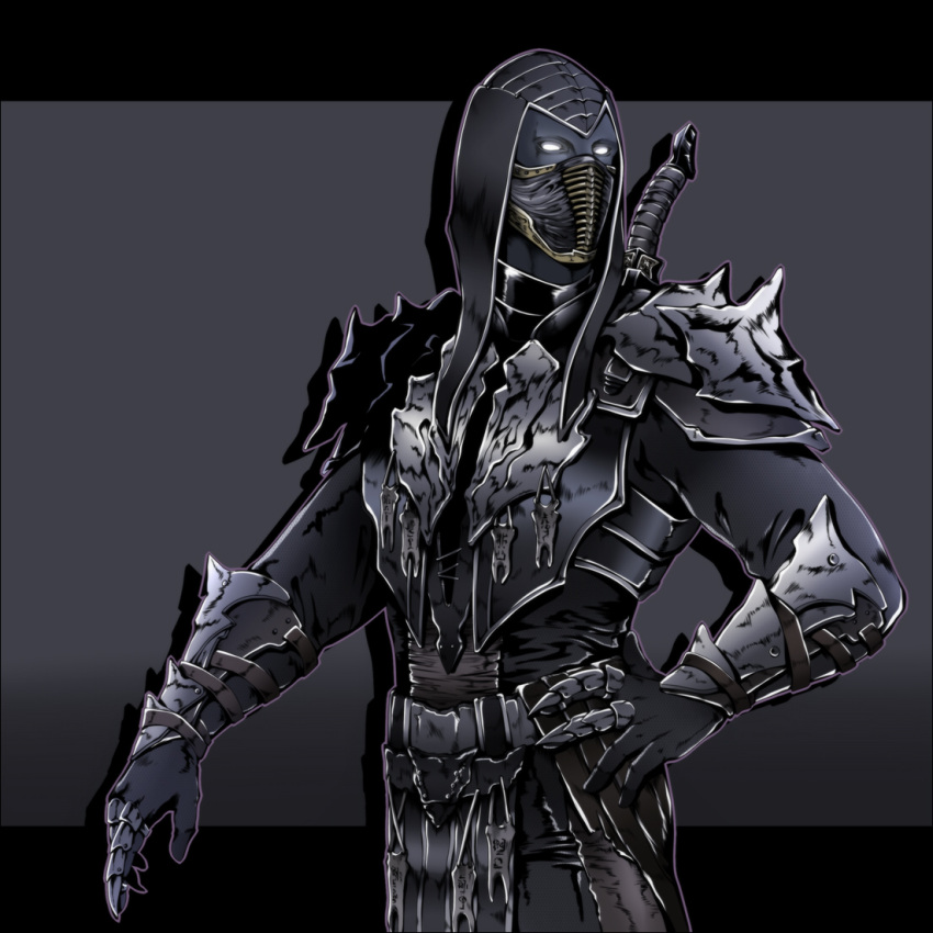 1boy, black_outfit, black_skin, corrupted, corruption, gray_background, male, male_focus