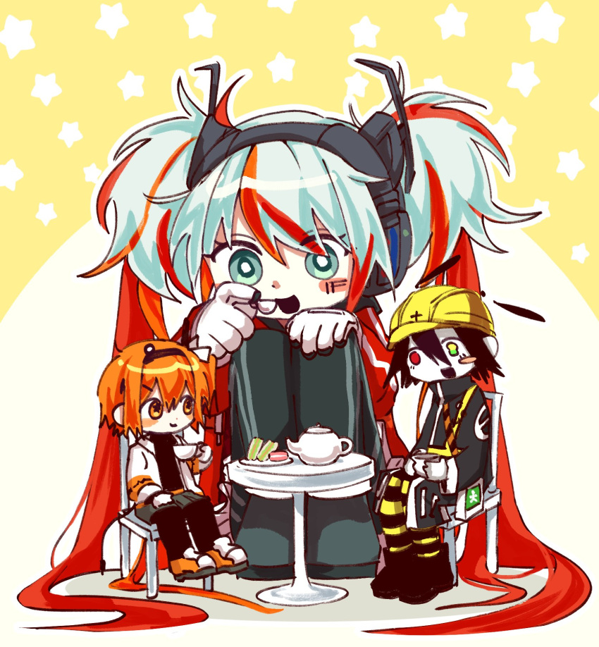 1other, 2358_(al_ringer13), 2girls, adachi_rei, black_hair, cup, denka_shaa, highres, long_hair, michishirube_kiro, multicolored_eyes, multiple_girls, orange_eyes, orange_hair, shoes, skirt, sneakers, tall_female, teacup, teapot, utau, very_long_hair, white_hair