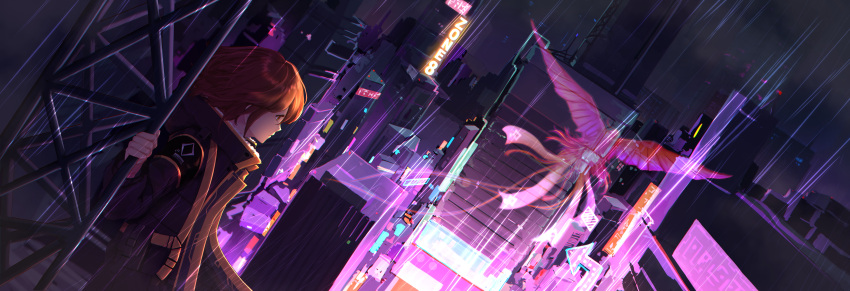 1girl, absurdres, billboard, bird, black_coat, bloom, breadthree, building