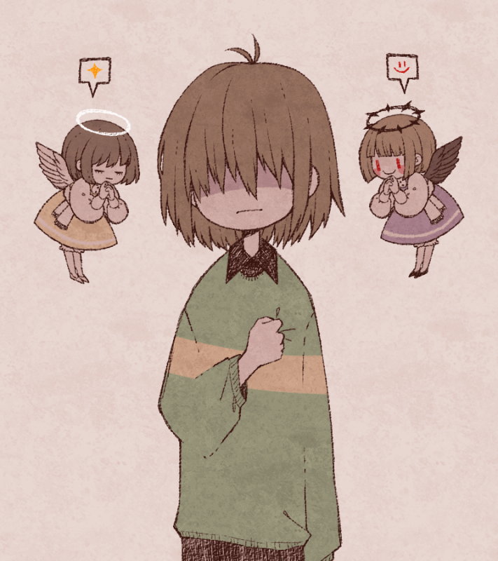 1other, ahoge, angel, black_footwear, black_pants, black_wings, blunt_bangs, blunt_sidelocks, brown_hair, closed_eyes, closed_mouth, collared_sweater, commentary, deltarune, dress, eleanor_(ohmyeleanor), frown, green_sweater, kris_(deltarune), messy_hair, other_focus, own_hands_together, pants, purple_dress, red_eyes, shaded_face, short_hair, shoulder_angel, sidelocks, simple_background, smile, smiley_face, solo, spoken_smile, spoken_sparkle, sweater, white_background, white_footwear, white_wings, wings, yellow_dress