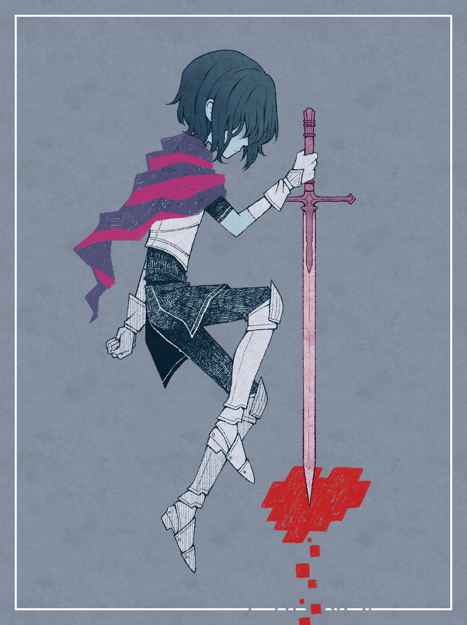 1other, androgynous, armor, blue_background, blue_hair, blue_skin, border, clenched_hand, closed_mouth, colored_skin, deltarune, eleanor_(ohmyeleanor), english_commentary, gloves, hair_over_eyes, heart, highres, holding, holding_sword, holding_weapon, kris_(dark_world)_(deltarune), kris_(deltarune), legs_up, other_focus, pixel_heart, scarf, short_hair, simple_background, solo, soul_(deltarune), striped_clothes, striped_scarf, sword, weapon, white_border