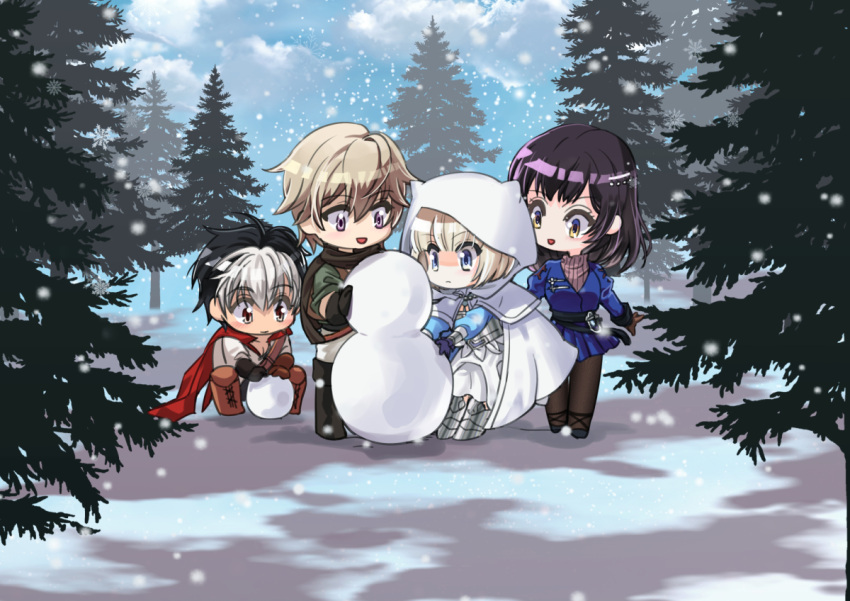 2boys, 2girls, armor, black_cape, black_footwear, black_hair, black_thighhighs, blonde_hair