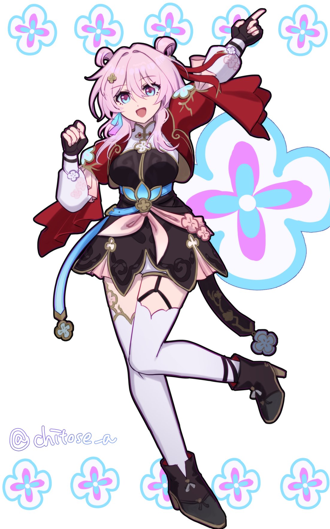 1girl, ankle_boots, arm_up, belt, black_footwear, black_gloves, bloomers, blue_belt