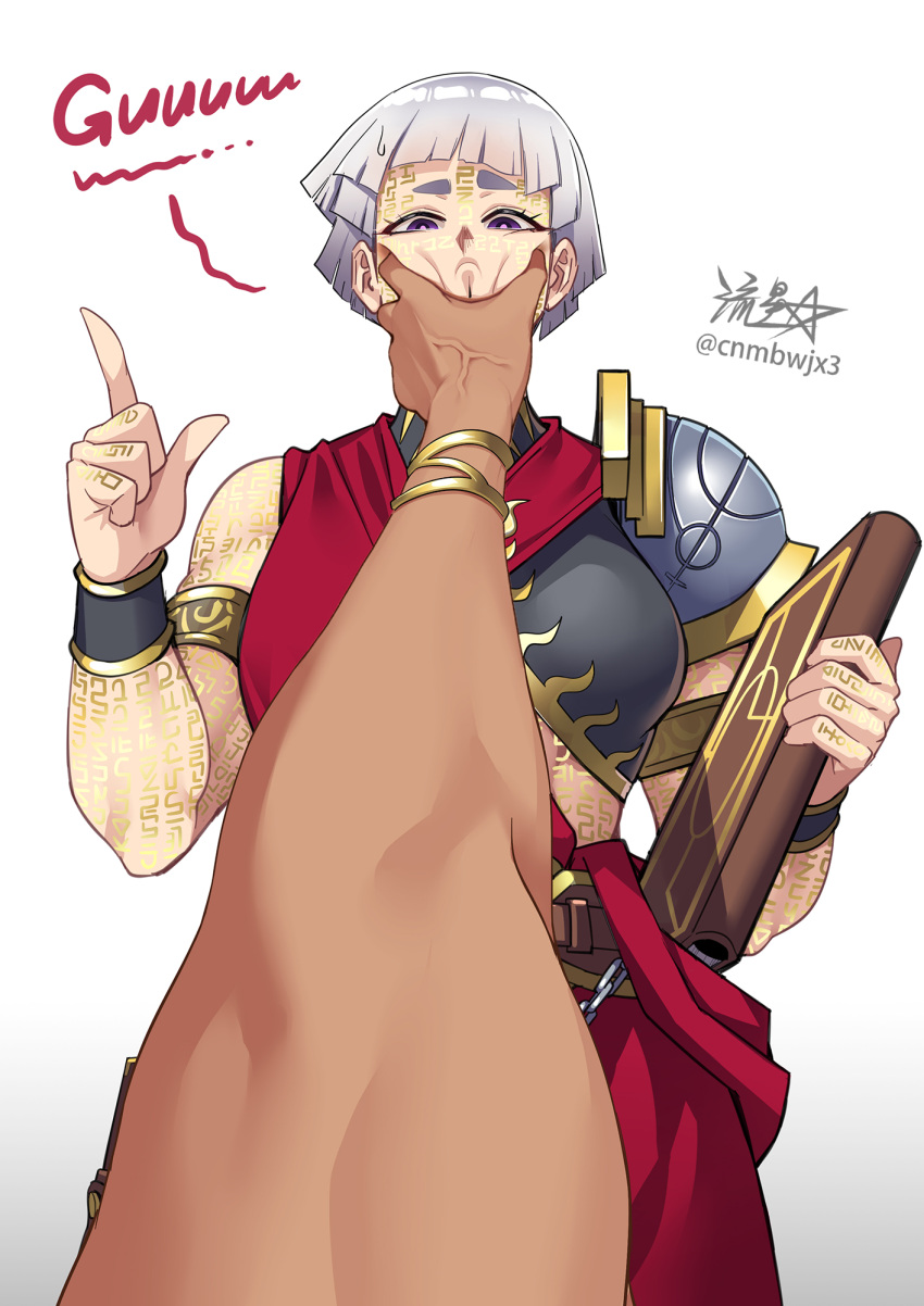 1girl, anger_vein, armlet, armor, belt, belt_pouch, black_shirt, book