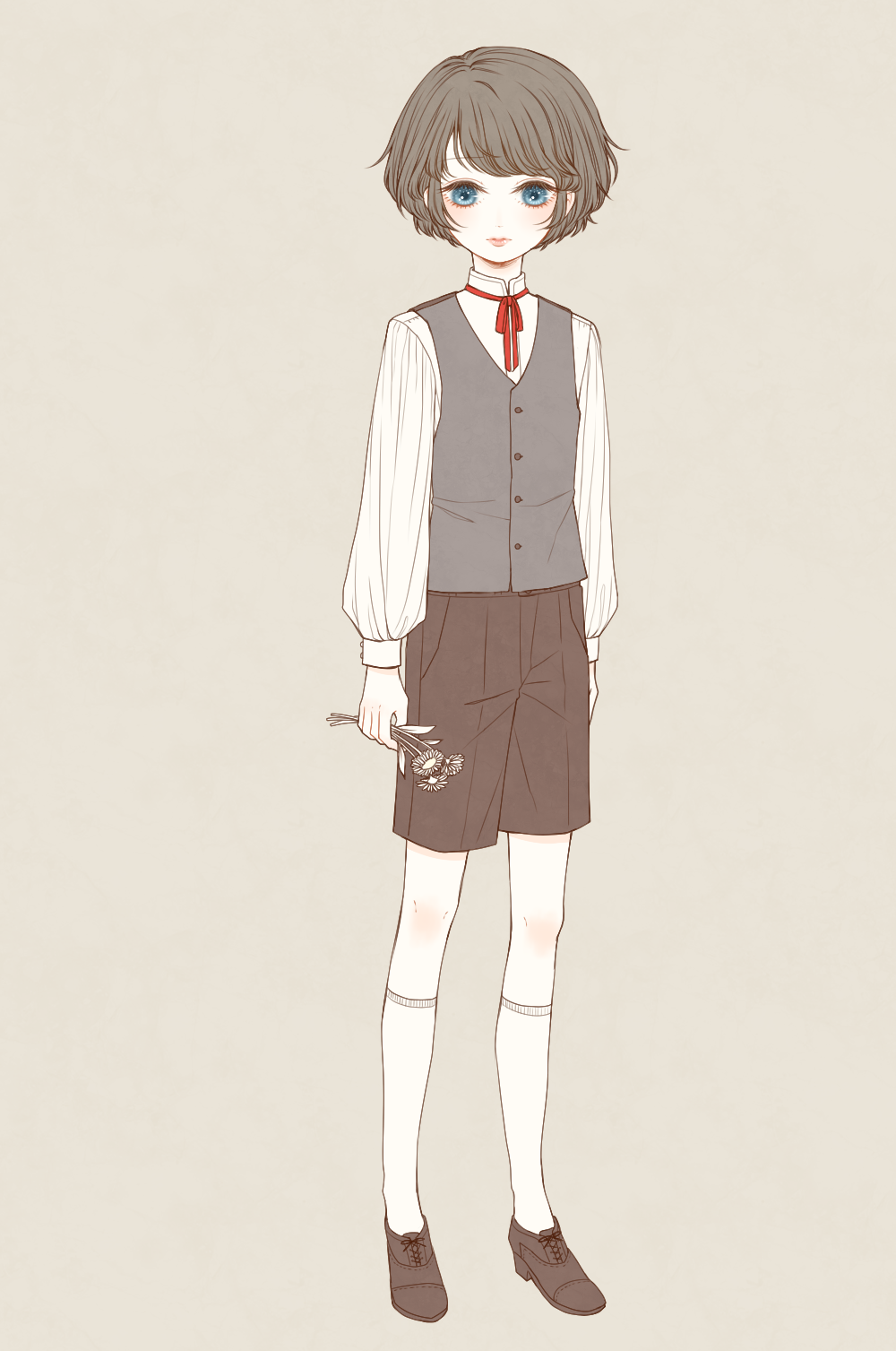 1boy, black_footwear, black_hair, black_shorts, blue_hair, buttons, closed_mouth, eleanor_(ohmyeleanor), english_commentary, expressionless, flower, full_body, grey_vest, highres, holding, holding_flower, light_blush, looking_at_viewer, male_focus, neck_ribbon, original, red_ribbon, ribbon, sepia_background, shirt, short_hair, shorts, simple_background, socks, solo, standing, vest, victorian, white_flower, white_shirt, white_socks
