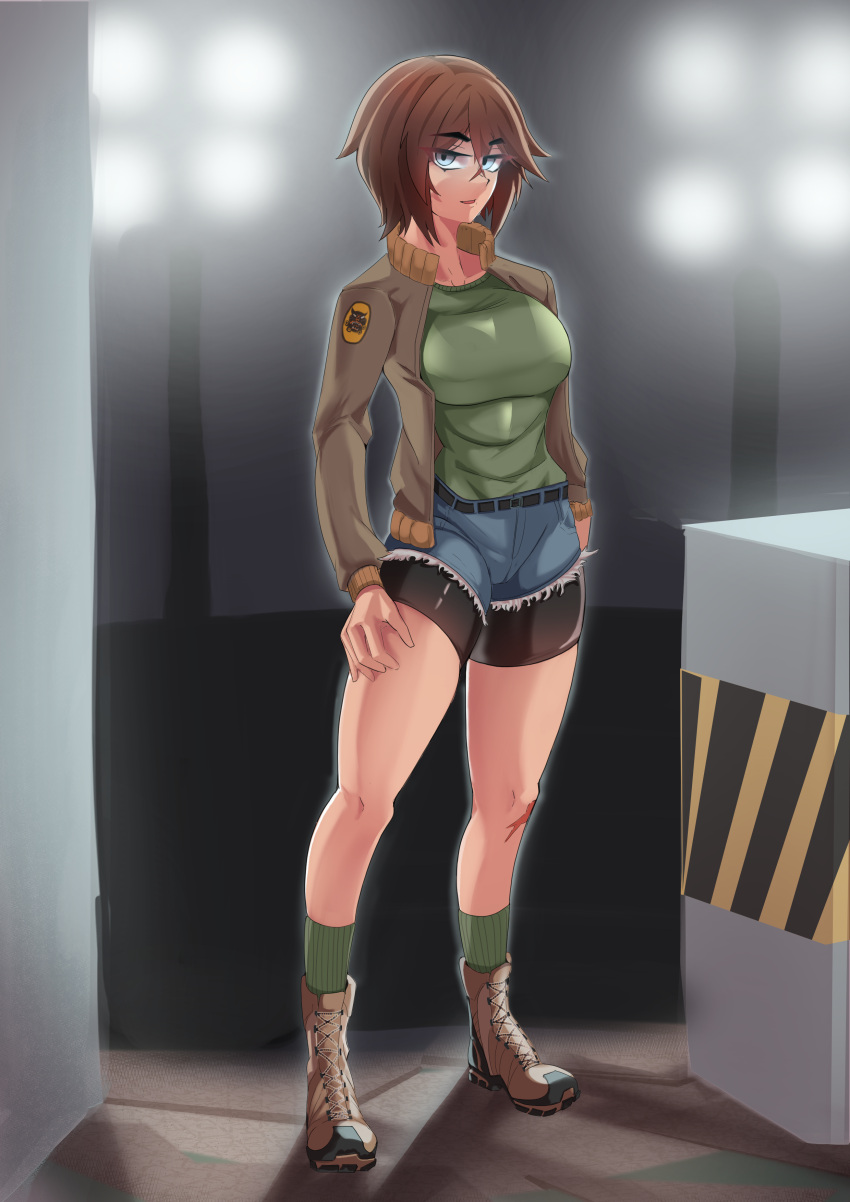 1girl, absurdres, assault_rifle, breasts, briar_(gamingsentry), brown_hair, brown_jacket, grey_jacket