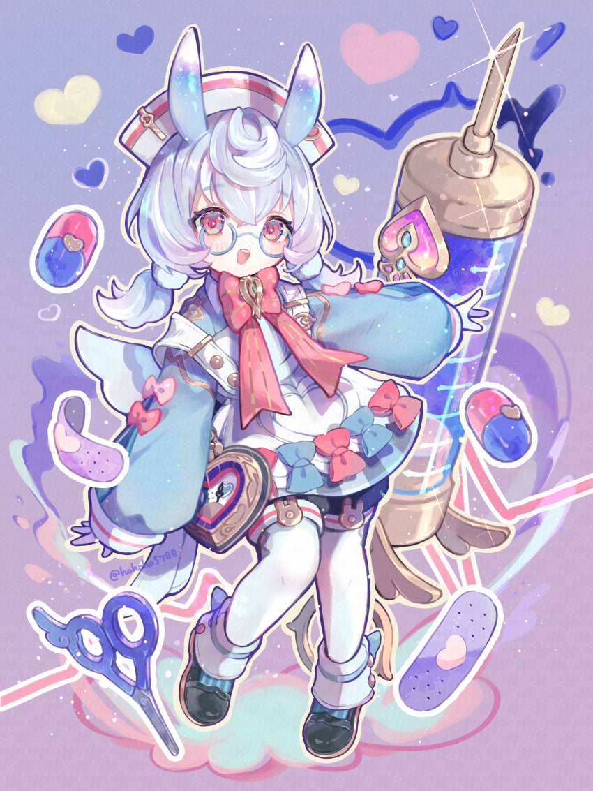 1girl, :d, absurdres, animal_ears, apron, aqua_shirt, artist_name, bandaid