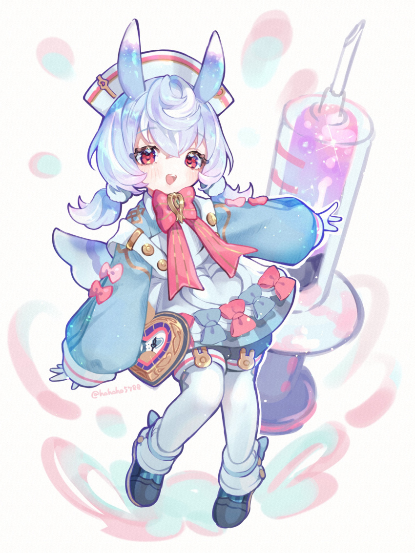 1girl, :d, animal_ears, apron, aqua_shirt, artist_name, black_footwear, black_shorts
