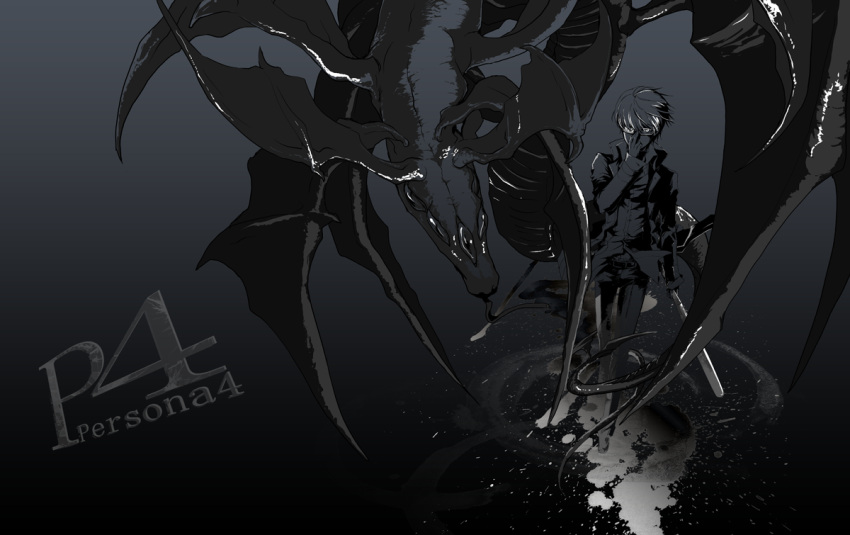 baseball_bat, black, glasses, hai, narukami_yuu, persona, persona_4, samael_(megami_tensei)