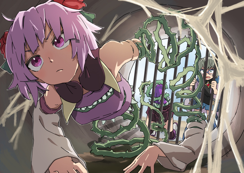 1boy, 1girl, bare_shoulders, bisected, black_shirt, blue-framed_eyewear, breasts, crawling, detached_sleeves, flower, hair_flower, hair_ornament, highres, miniskirt, monster_girl, open_mouth, original, outdoors, pink_eyes, pink_hair, plant, rose, rose_(vanillaklein), shirt, shorts, skirt, thigh-highs, transformation, vanilla_(vanillaklein), vanillaklein, vines