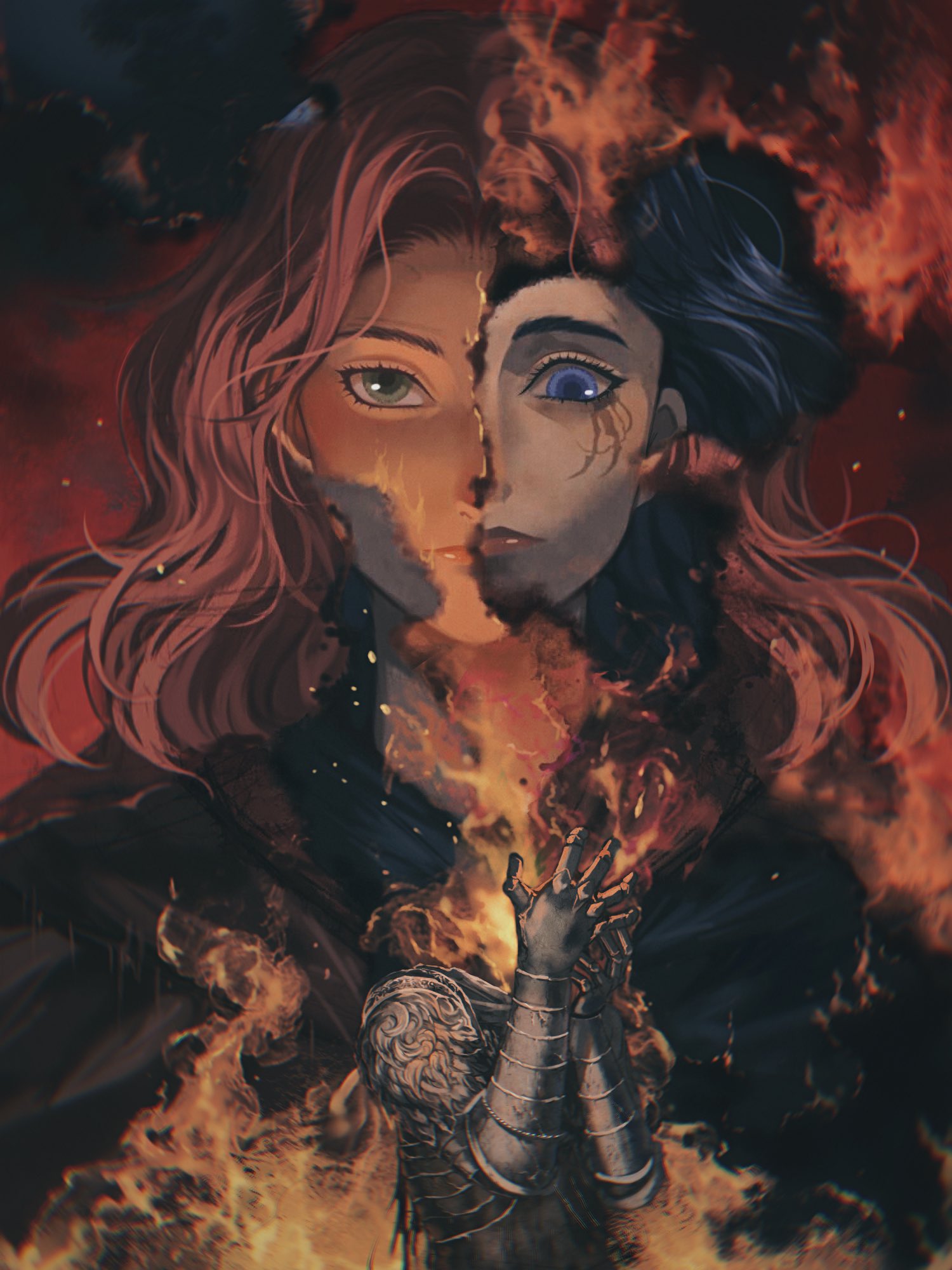 1other, 2girls, ambiguous_gender, armor, black_cape, blue_eyes, blue_hair, brown_hair