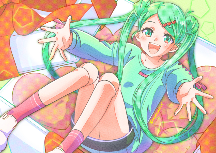 1girl, blue_eyes, blush, box, doll_joints, double_bun, green_hair, hair_bun, hair_ornament, hair_rings, hairclip, hatsune_miku, heart, heart-shaped_pillow, heart_hair_ornament, highres, in_box, in_container, joints, katatumuri_29, lace-up_sleeves, long_hair, long_sleeves, looking_at_viewer, open_mouth, outstretched_arms, pillow, sitting, smile, socks, solo, very_long_hair, vocaloid