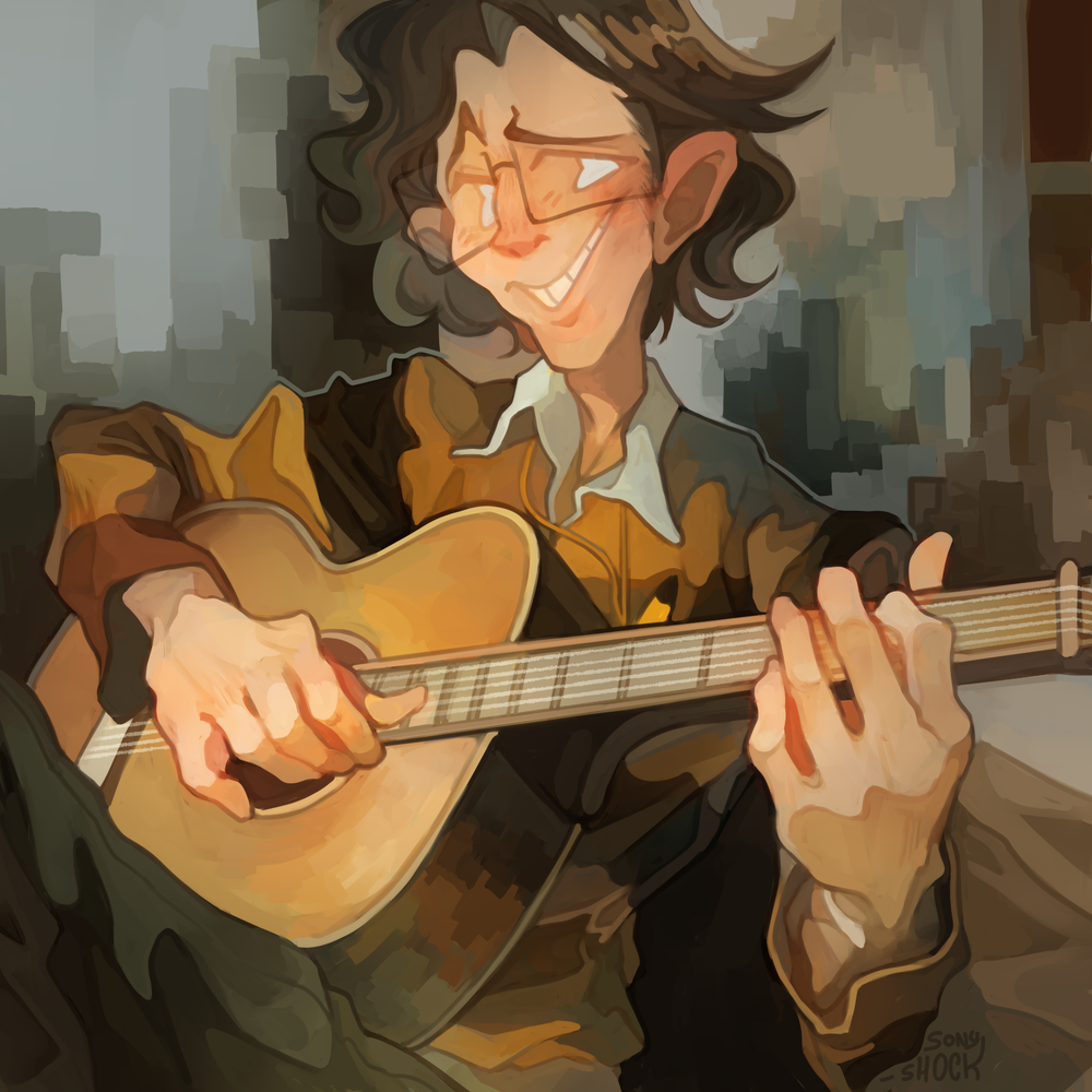 1boy, artist_name, black_pants, brown_hair, brown_shirt, glasses, grin, guitar, holding, holding_instrument, instrument, liquid_chris, male_focus, music, pants, playing_instrument, real_life, shirt, short_hair, smile, solo, sony-shock, striped_clothes, striped_shirt, teeth