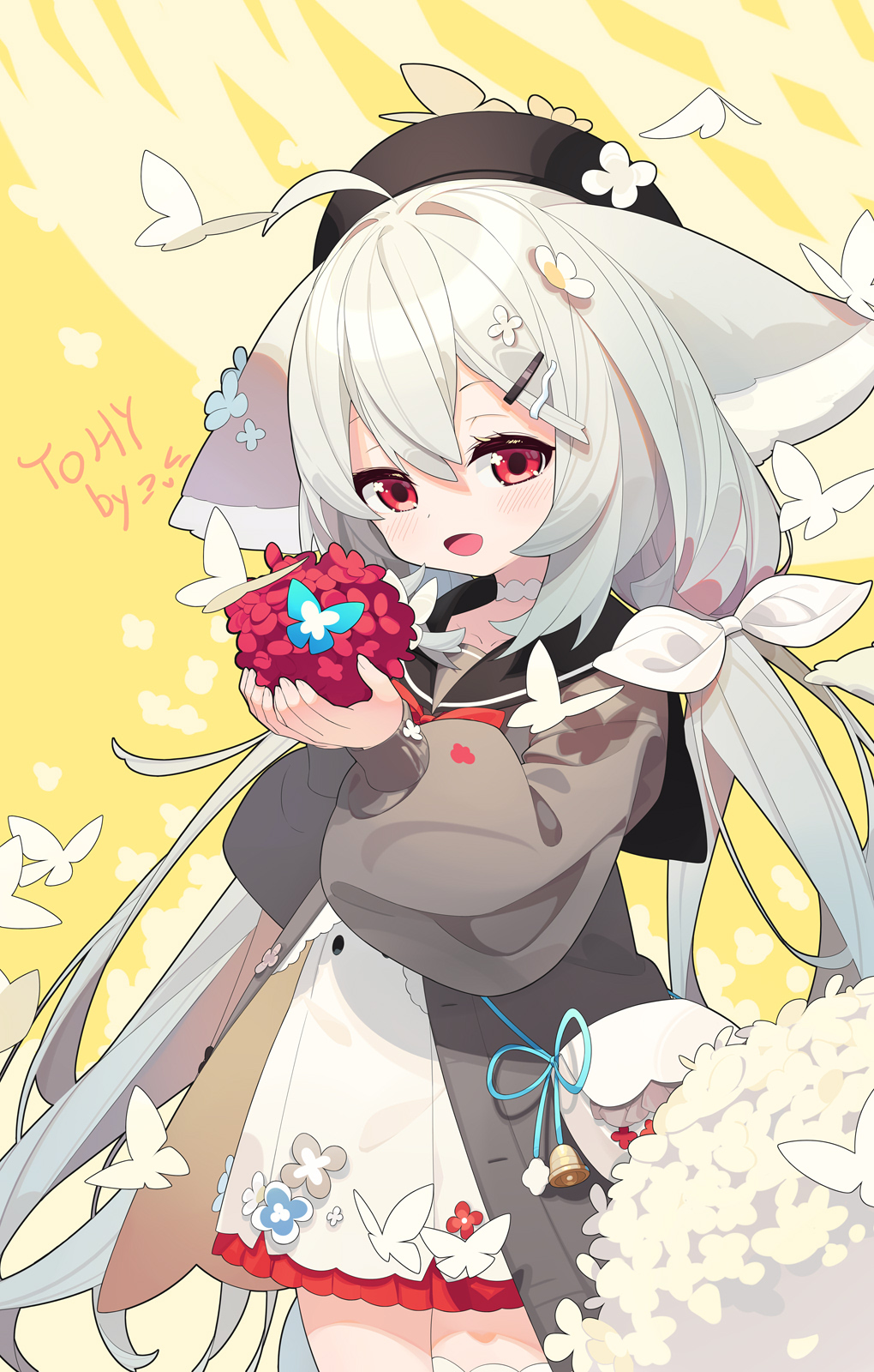 :o, ahoge, aiee, animal_ear_fluff, animal_ears, bag, beret, black_beret
