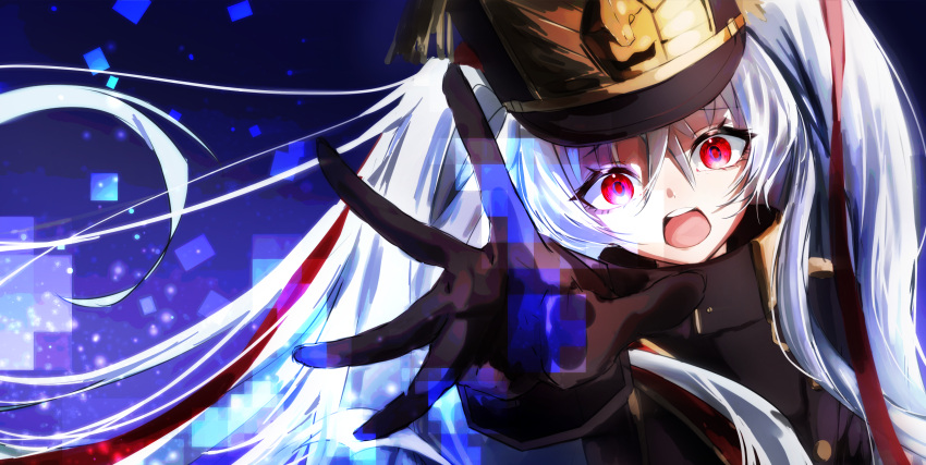 1girl, absurdres, altair_(re:creators), black_gloves, blue_eyes, coat, commentary_request, crossed_bangs