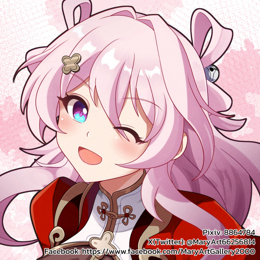1girl, bell, blue_eyes, chinese_clothes, english_commentary, hair_ornament, hairpin, highres, honkai:_star_rail, honkai_(series), jingle_bell, looking_at_viewer, march_7th_(honkai:_star_rail), march_7th_(hunt)_(honkai:_star_rail), mary_fate, medium_hair, official_alternate_costume, official_alternate_hairstyle, one_eye_closed, open_mouth, pink_eyes, pink_hair, portrait, shuangyaji, smile, solo, two-tone_eyes, web_address