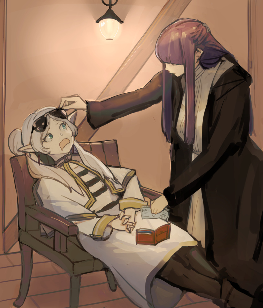 2girls, adjusting_another's_eyewear, banknote, black_robe, capelet, dollar_bill, dress, drooling