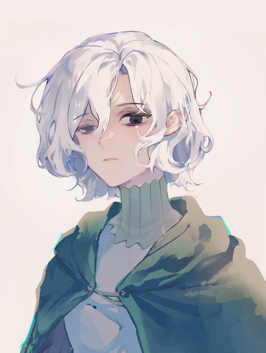 1boy, absurdres, bags_under_eyes, black_eyes, chyan_0012, cloak, dungeon_meshi, elf, gorget, green_cloak, grey_hair, highres, hood, hooded_cloak, lazy_eye, long_sleeves, looking_at_viewer, male_focus, mithrun, notched_ear, pointy_ears, portrait, shirt, short_hair, simple_background, solo, tearing_up, tunic, uneven_eyes, wavy_hair, white_background