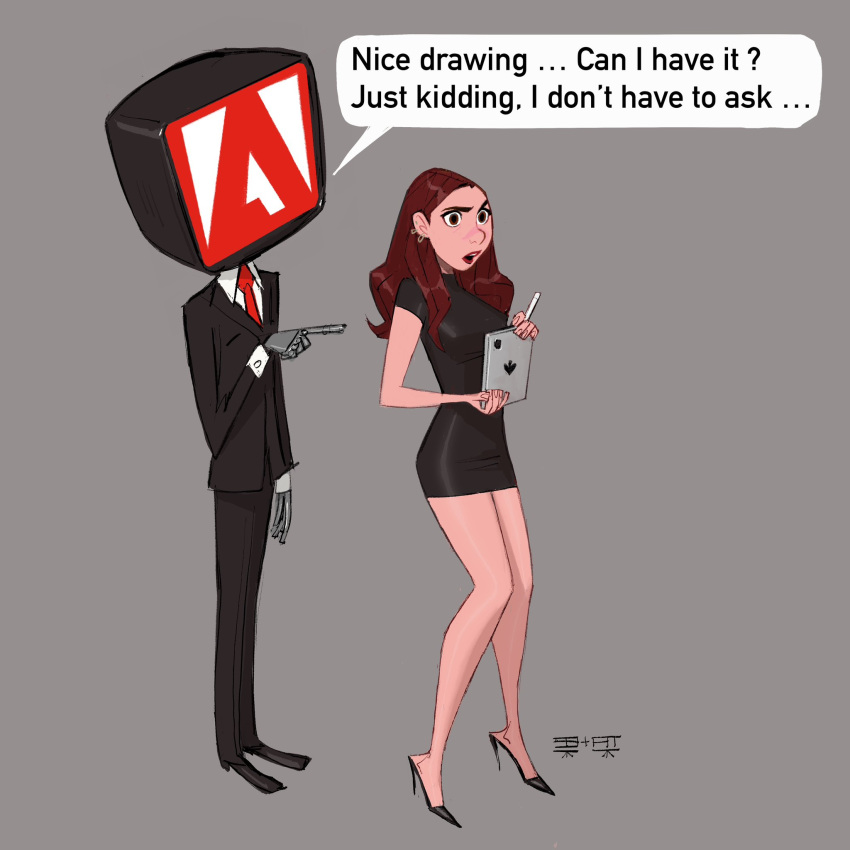 1girl, 1other, adobe, artist_logo, black_dress, black_eyes, black_footwear, black_jacket