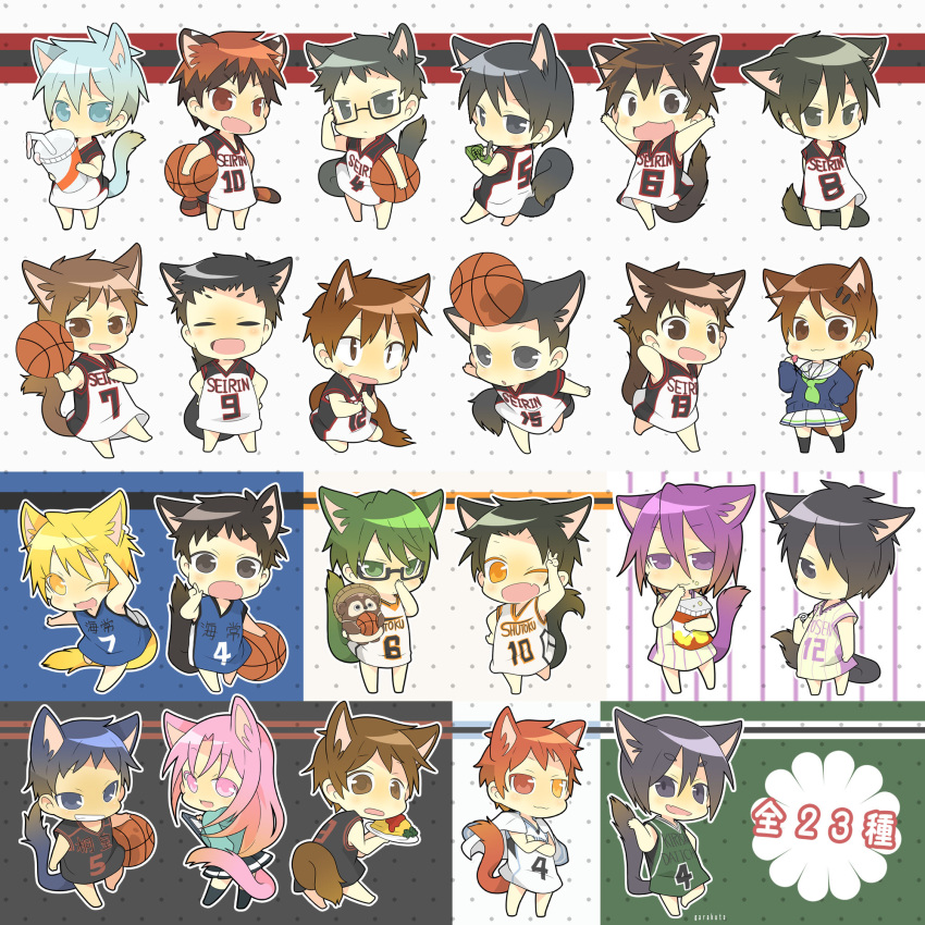 2girls, 6+boys, :3, adjusting_eyewear, aida_riko, akashi_seijuurou, amakusa_yuuki, animal_ears