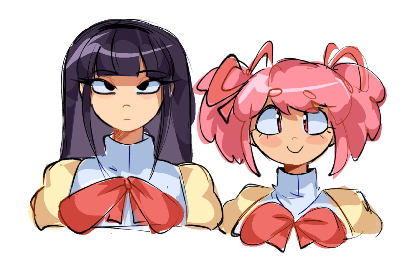 2girls, akemi_homura, black_eyes, black_hair, bow, bowtie, commentary, english_commentary