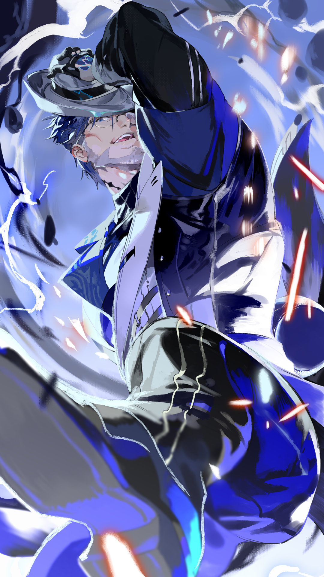 1boy, adjusting_clothes, adjusting_headwear, beard, blue_eyes, blue_hair, blue_theme, clouds