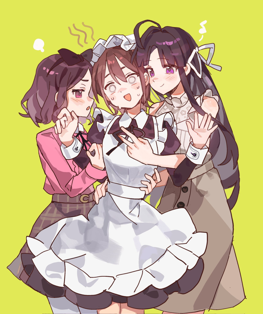3girls, apron, awa_subaru, black_dress, black_hair, blush, brown_hair, brown_skirt