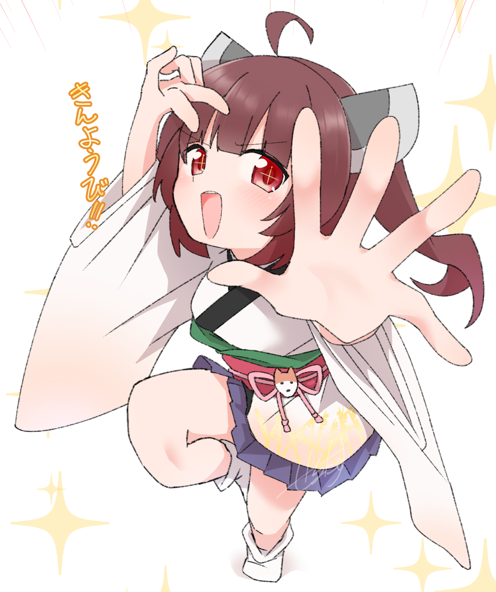 +_+, 1girl, brown_hair, commentary_request, foreshortening, from_above, hair_ornament, highres