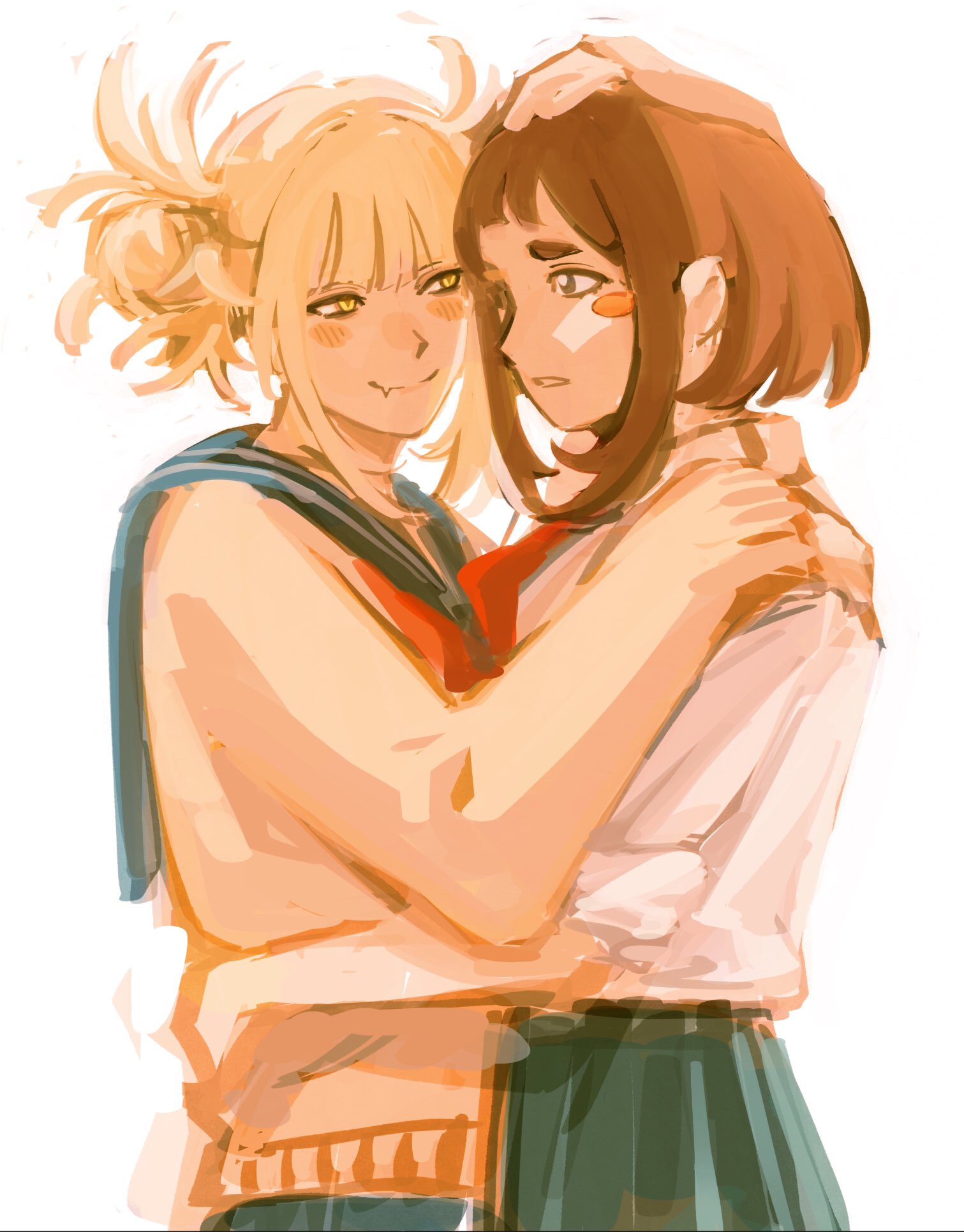 2girls, black_skirt, blonde_hair, blue_sailor_collar, blush, boku_no_hero_academia, brown_cardigan, brown_hair