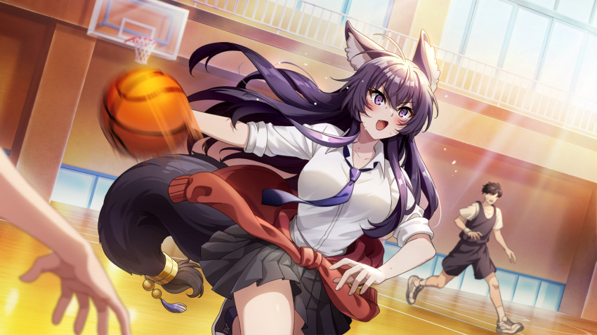 1boy, 1girl, 1other, animal_ear_fluff, animal_ears, ball, basketball, basketball_(object)
