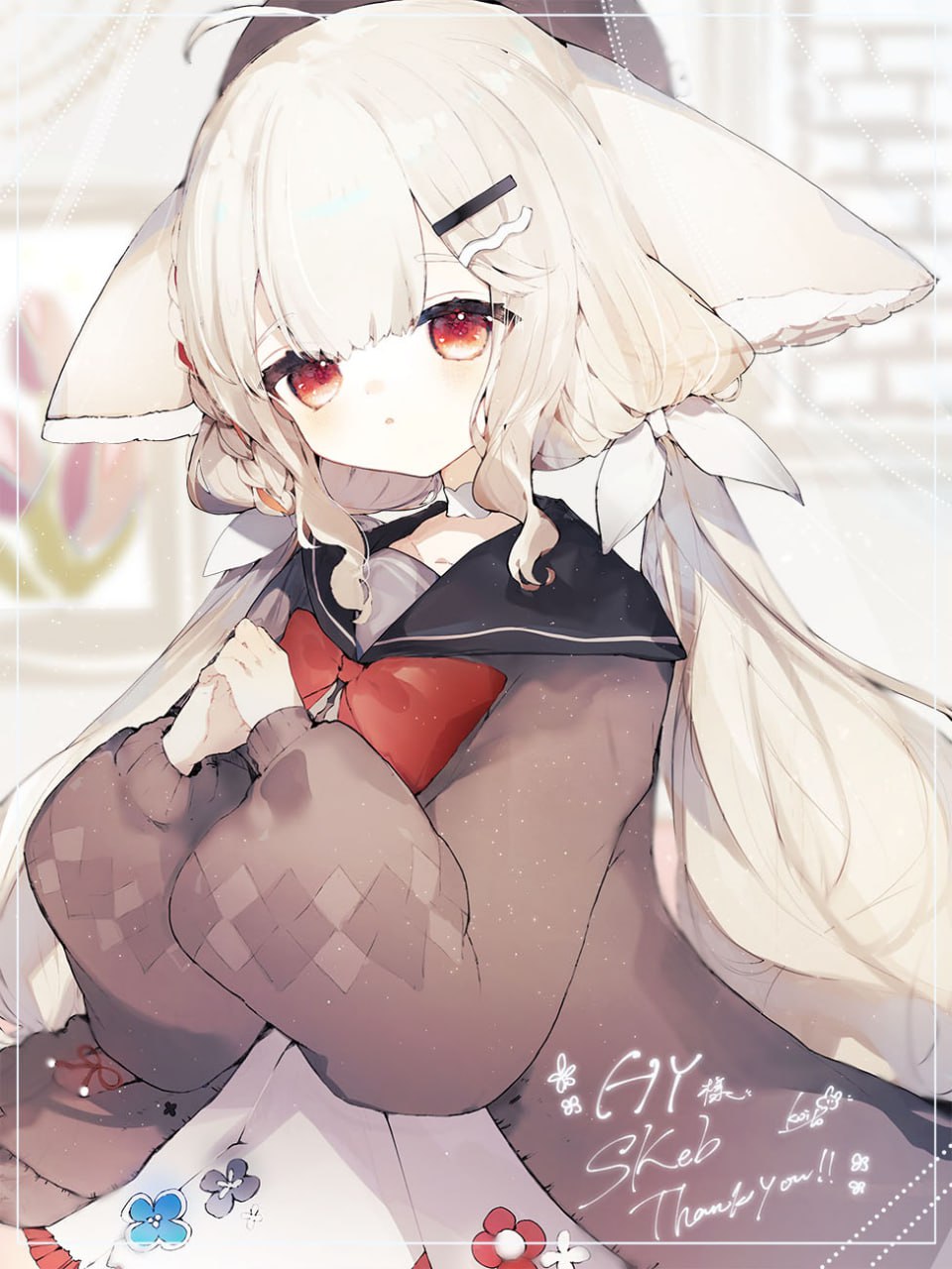 ahoge, animal_ear_fluff, animal_ears, bag, beret, black_beret, black_hat, black_sailor_collar