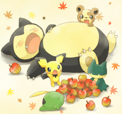 apple, autumn_leaves, black_fur, blush, brown_fur, claws, closed_eyes, fang