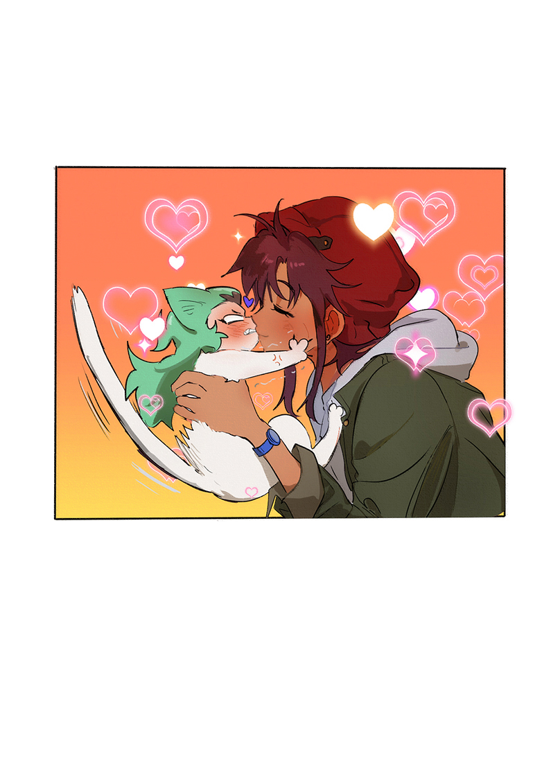 2girls, amity_blight, anger_vein, animal, blush, brown_hair, cat, closed_eyes, dark-skinned_female, dark_skin, green_hair, holding, holding_animal, kiss, kuma20151225, luz_noceda, multicolored_hair, multiple_girls, the_owl_house, yuri