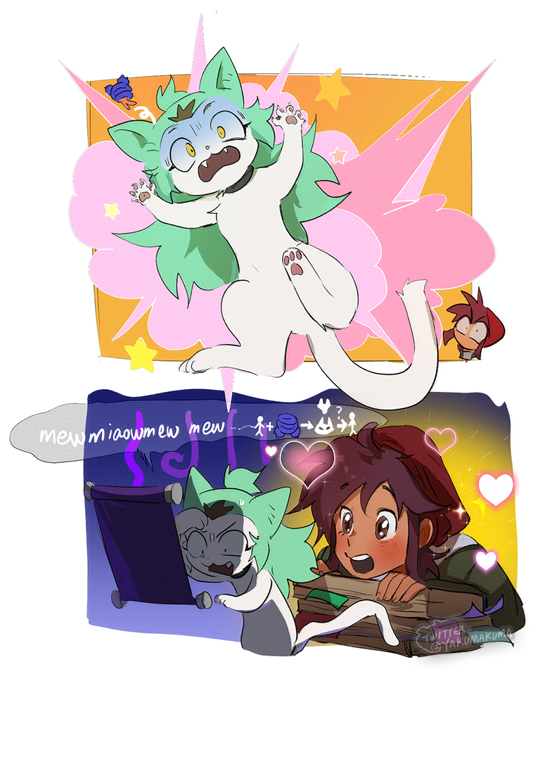 2girls, amity_blight, brown_eyes, brown_hair, cat, dark-skinned_female, dark_skin, gloom_(expression), green_hair, heart, kuma20151225, luz_noceda, multicolored_hair, multiple_girls, open_mouth, sparkle, the_owl_house, transformation, twitter_username