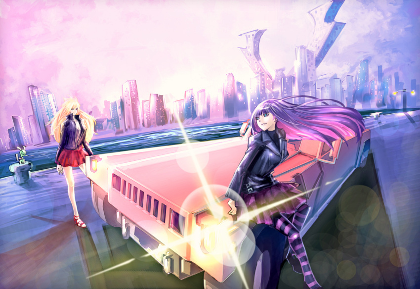 2girls, bad_id, blonde_hair, blue_eyes, blue_hair, bow, chuck_(psg), cityscape