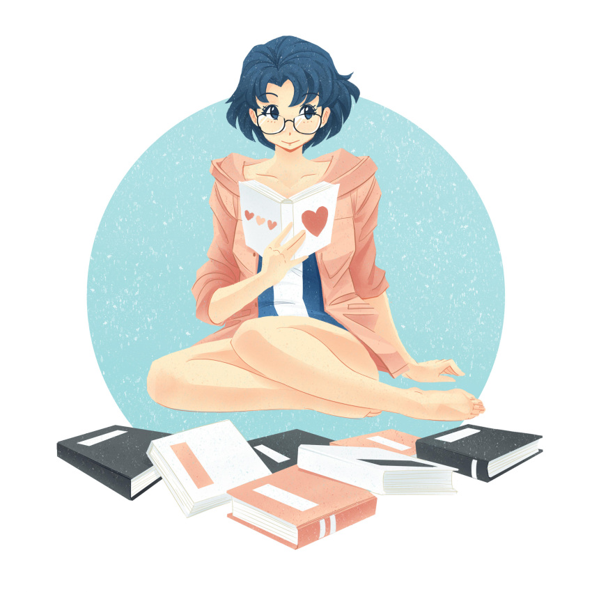 1girl, absurdres, arm_support, barefoot, bishoujo_senshi_sailor_moon, blue_eyes, blue_hair, book, collarbone, commentary, english_commentary, feet, full_body, glasses, highres, holding, holding_book, looking_to_the_side, mizuno_ami, open_book, open_clothes, open_shirt, pink_shirt, shirt, short_hair, sitting, solo, toes, yokozuwari, yueliart