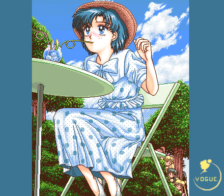 aino_minako, artist_logo, bishoujo_senshi_sailor_moon, black_hair, blonde_hair, blue_eyes, blue_hair, bow, bowtie, brown_hair, chair, clouds, cloudy_sky, day, double_bun, dress, drinking_straw, drinking_straw_in_mouth, hair_bun, hat, high_ponytail, hino_rei, kino_makoto, long_hair, looking_at_another, looking_to_the_side, lowres, mizuno_ami, outdoors, pc-98_(style), pixel_art, polka_dot, polka_dot_dress, short_hair, sitting, sky, solo_focus, sun_hat, table, tree, tsukino_usagi, twintails, vogue, white_bow, white_bowtie, white_dress