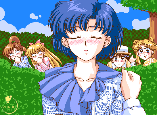 5girls, aino_minako, amused, artist_logo, bishoujo_senshi_sailor_moon, black_hair, blonde_hair, blue_hair, blush, bow, brown_hair, bush, closed_eyes, clouds, cloudy_sky, collarbone, day, double_bun, hair_bobbles, hair_bow, hair_bun, hair_ornament, hand_on_another's_shoulder, hat, hiding, high_ponytail, hino_rei, kino_makoto, long_hair, mizuno_ami, multiple_girls, open_mouth, outdoors, pc-98_(style), pixel_art, pov, pov_hands, short_hair, sky, solo_focus, striped_clothes, tree, tsukino_usagi, twintails, upper_body, vogue, white_hat