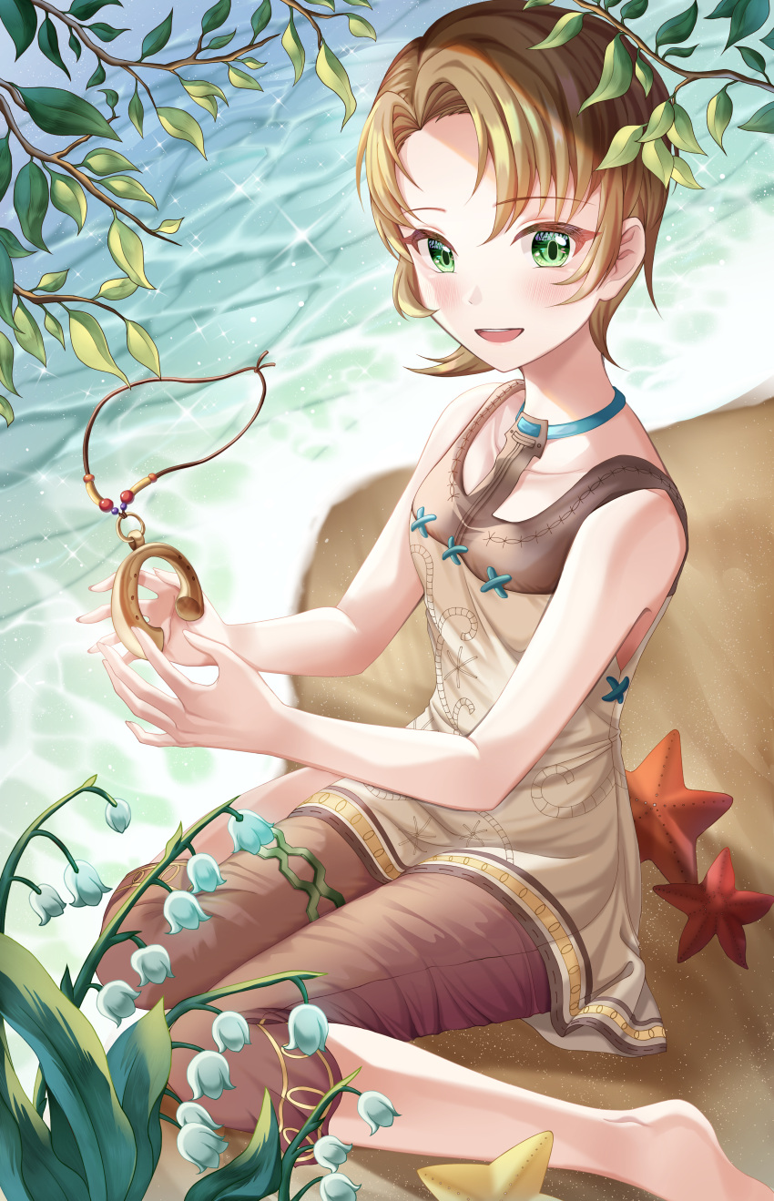 1girl, :d, absurdres, aki_hanabira, bare_arms, barefoot, blush, breasts, brown_pants, capri_pants, dress, flower, green_eyes, highres, horse_call_(zelda), ilia_(zelda), jewelry, lily_of_the_valley, necklace, pants, pants_under_dress, short_dress, short_hair, sitting, sleeveless, sleeveless_dress, small_breasts, smile, solo, starfish, the_legend_of_zelda, the_legend_of_zelda:_twilight_princess, very_short_hair, wariza, water