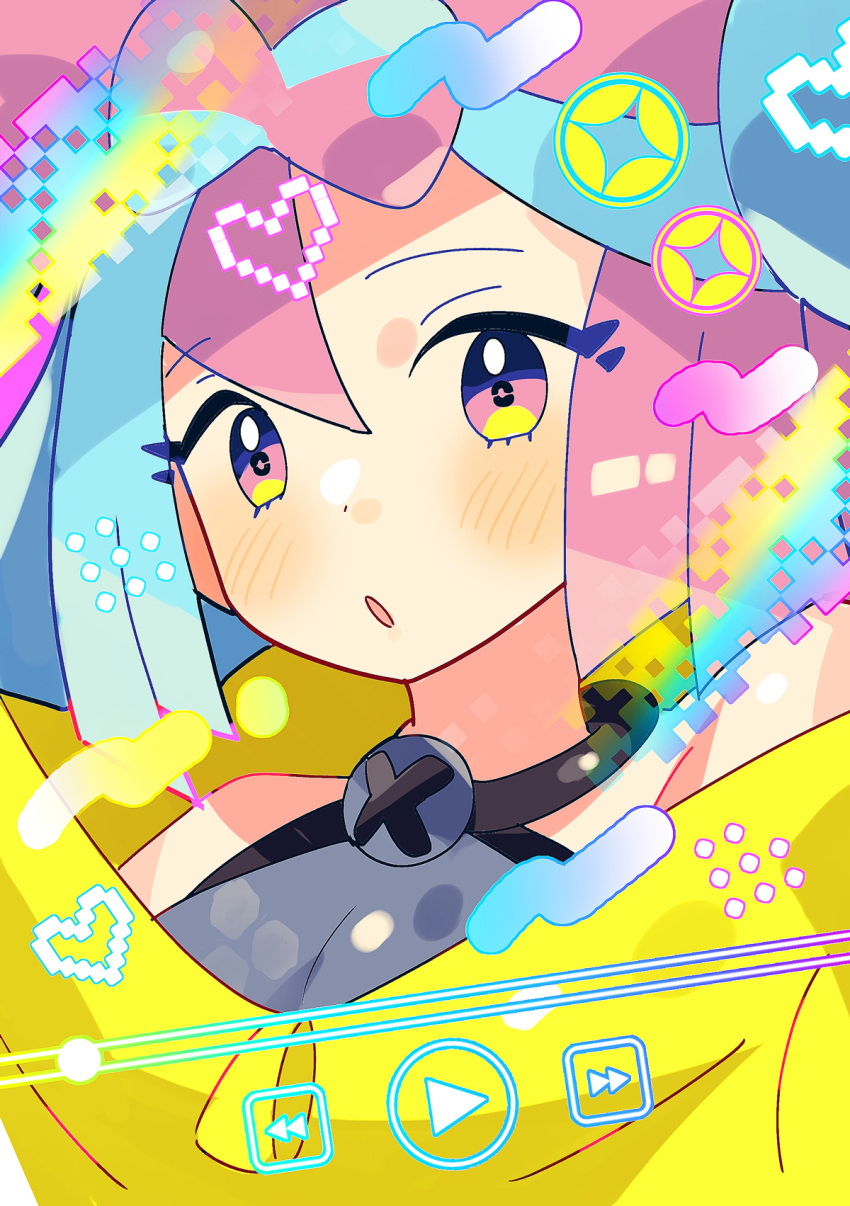 1girl, :o, anidler91, bare_shoulders, blue_hair, blush, bow-shaped_hair, eyelashes