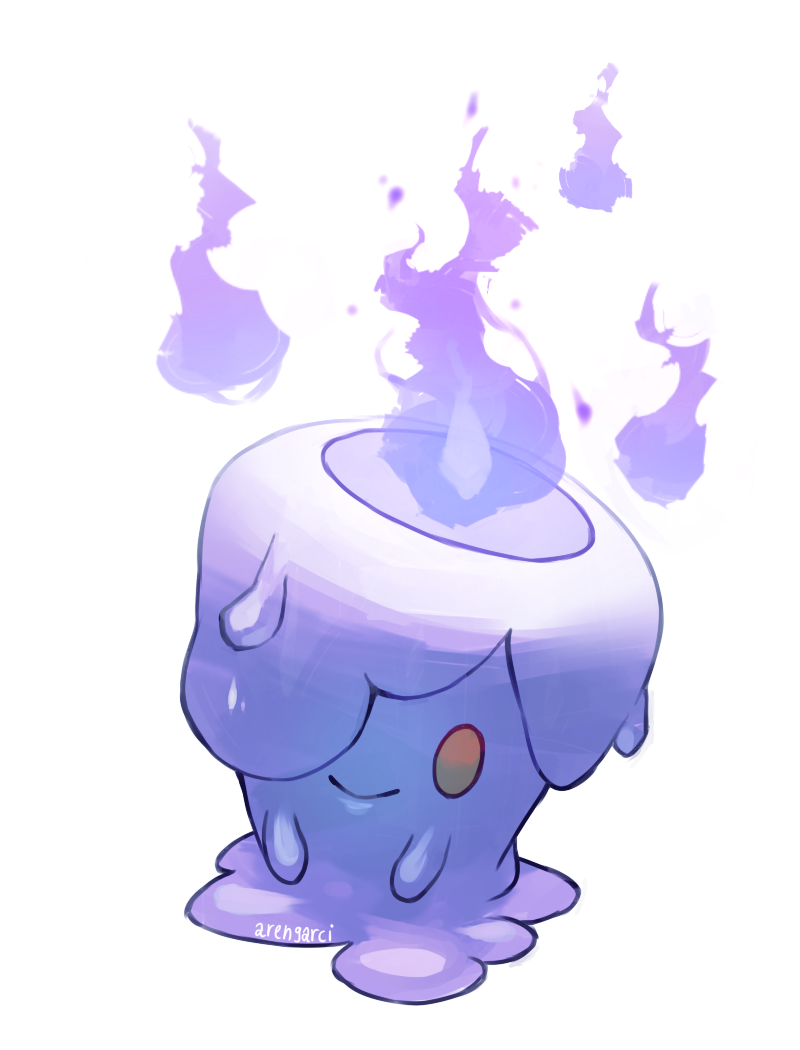 aren_garci, artist_name, fire, full_body, litwick, looking_at_viewer, melting, no_humans, one_eye_covered, pokemon, pokemon_(creature), purple_fire, signature, simple_background, smile, solid_eyes, solo, white_background, will-o-wisp_(pokemon), yellow_eyes