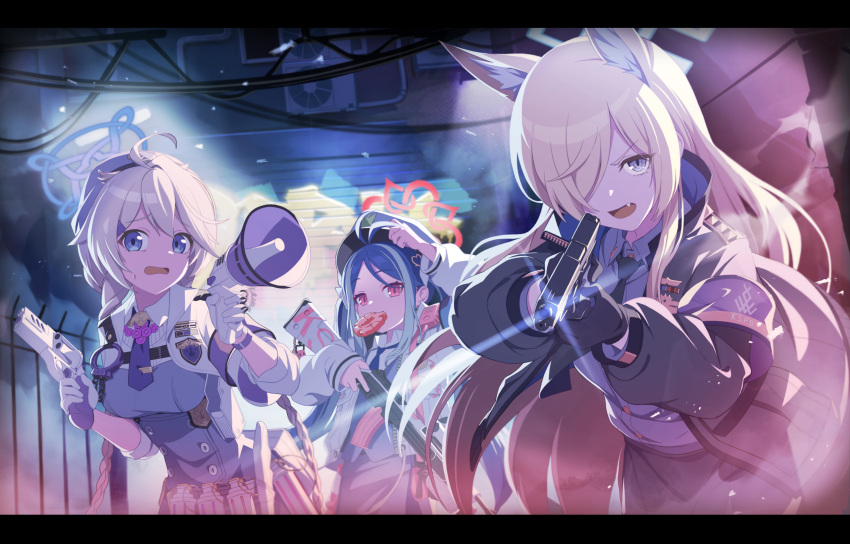 3girls, absurdres, ahoge, animal_ear_fluff, animal_ears, antenna_hair, black_gloves, black_jacket