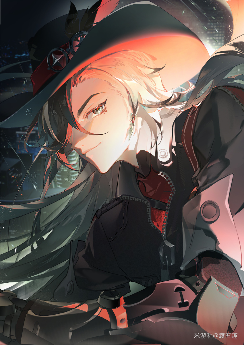 1boy, absurdres, black_eyes, black_feathers, black_hair, black_hat, black_jacket, boothill_(honkai:_star_rail)