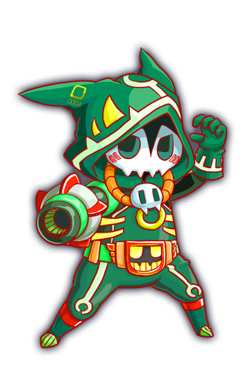 agent_joe, arm_cannon, artist_request, belt, bodysuit, crash_fever, facial_mark, fighting_stance, game_cg, gloves, green_belt, green_bodysuit, green_gloves, green_hood, green_sleeves, hair_ornament, hood_with_ears, horizontal-striped_gloves, legs_apart, long_sleeves, looking_at_viewer, mask, official_art, outline, red_outline, saturated, single_hand, skull_hair_ornament, skull_mask, solo, square, standing, striped_clothes, striped_gloves, tachi-e, transparent_background, weapon