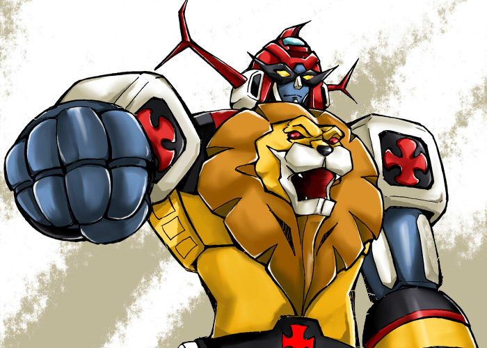 cross, daltanious, gattai, incoming_attack, incoming_punch, lion, mecha, mirai_robo_daltanious